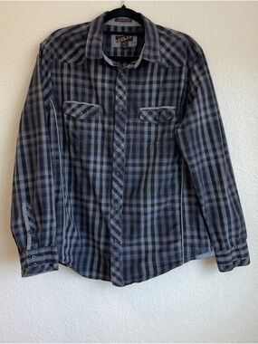 HELIX • Men's Blue and Gray Plaid Button-Down Shirt • XL